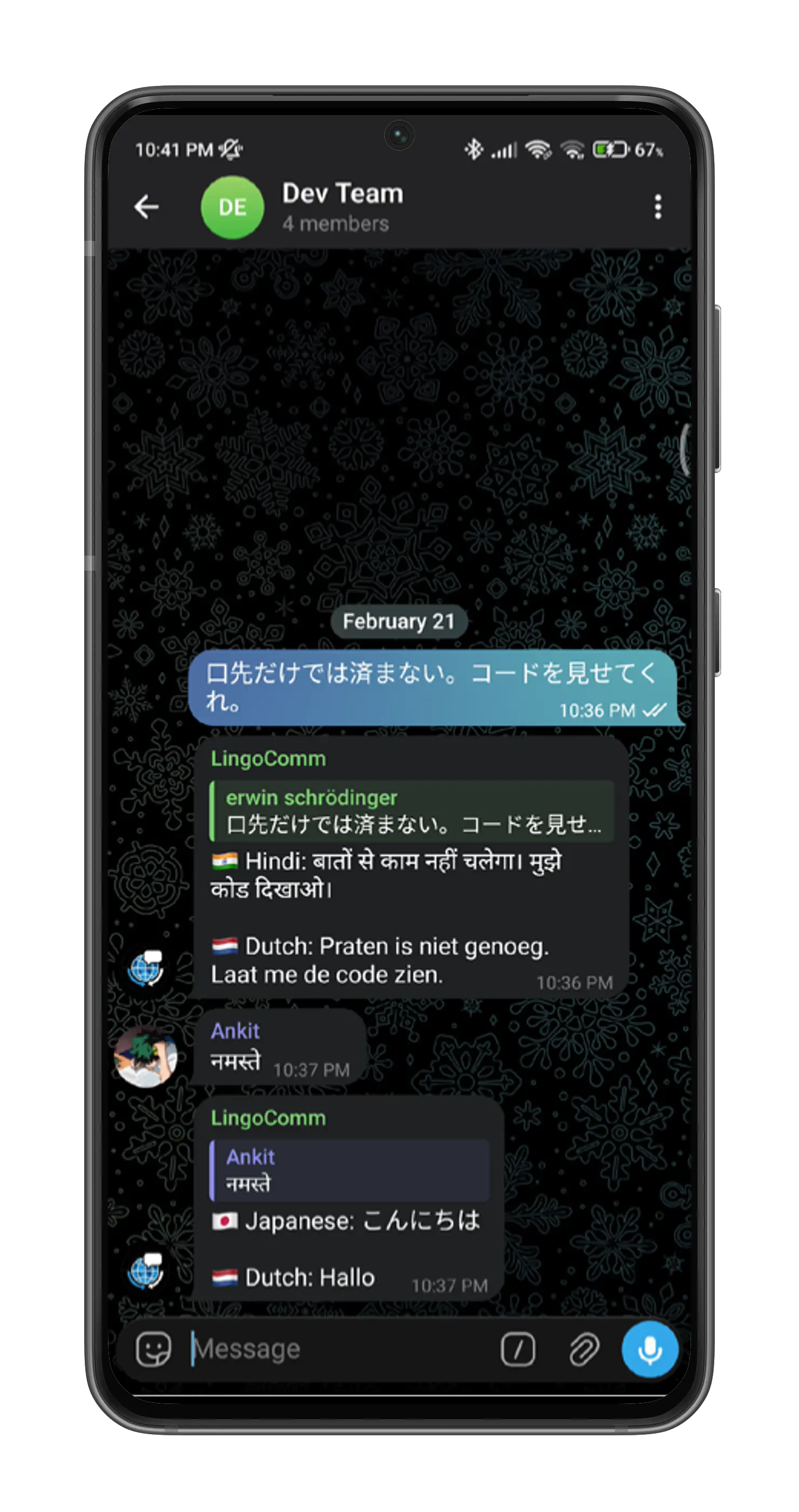 LingoComm Bot translating messages in real-time on Telegram
